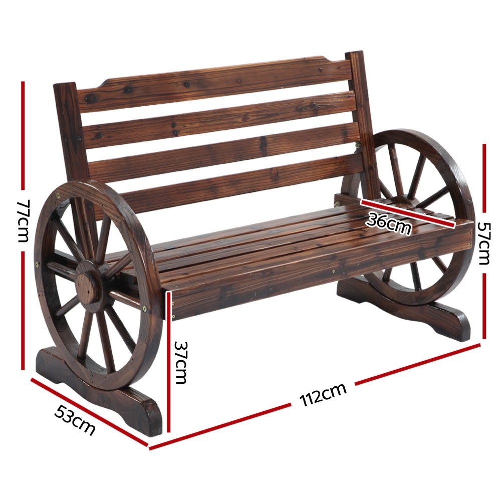 Gardeon Wooden Wagon Wheel Bench made of Canadian Fir wood, featuring rustic wagon-wheel armrests and a burnt wood finish, perfect for outdoor seating.