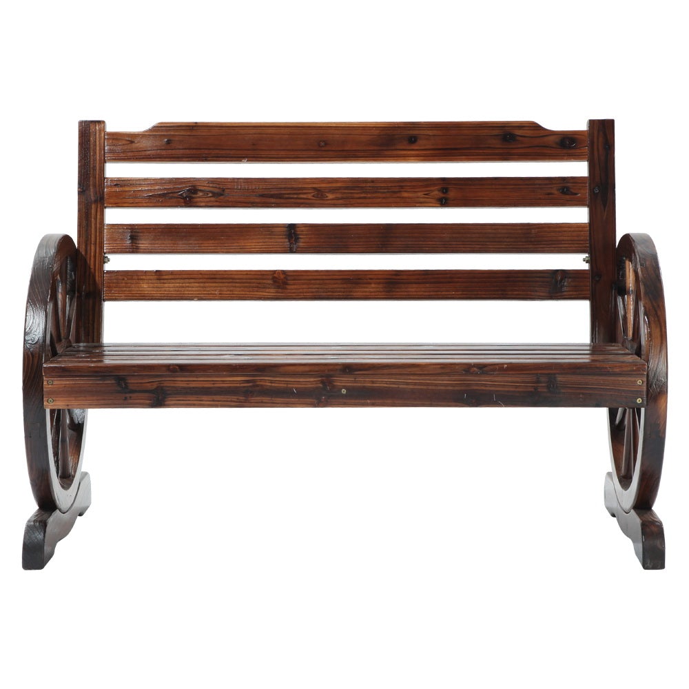 Gardeon Wooden Wagon Wheel Bench made of Canadian Fir wood, featuring rustic wagon-wheel armrests and a burnt wood finish, perfect for outdoor seating.