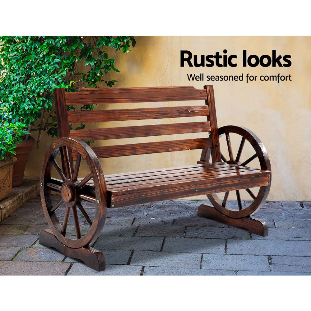 Gardeon Wooden Wagon Wheel Bench made of Canadian Fir wood, featuring rustic wagon-wheel armrests and a burnt wood finish, perfect for outdoor seating.