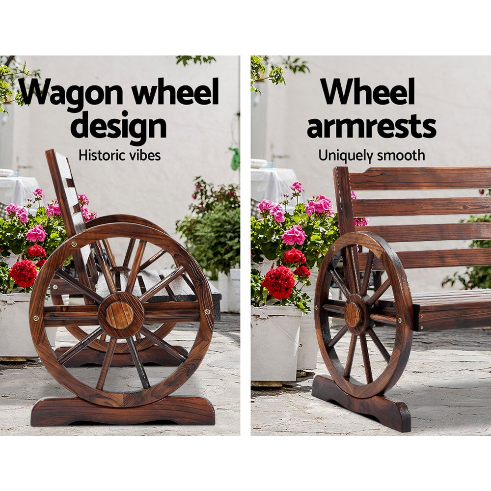 Gardeon Wooden Wagon Wheel Bench made of Canadian Fir wood, featuring rustic wagon-wheel armrests and a burnt wood finish, perfect for outdoor seating.