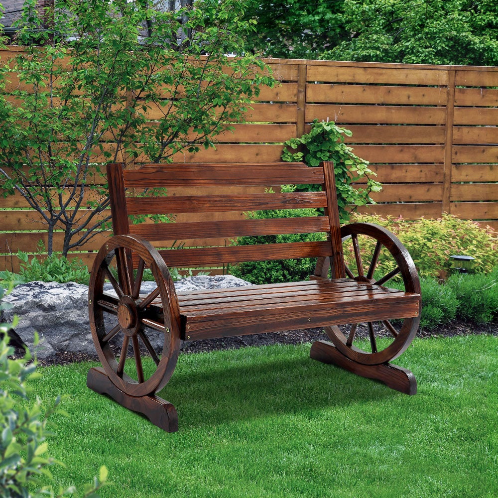 Gardeon Wooden Wagon Wheel Bench made of Canadian Fir wood, featuring rustic wagon-wheel armrests and a burnt wood finish, perfect for outdoor seating.