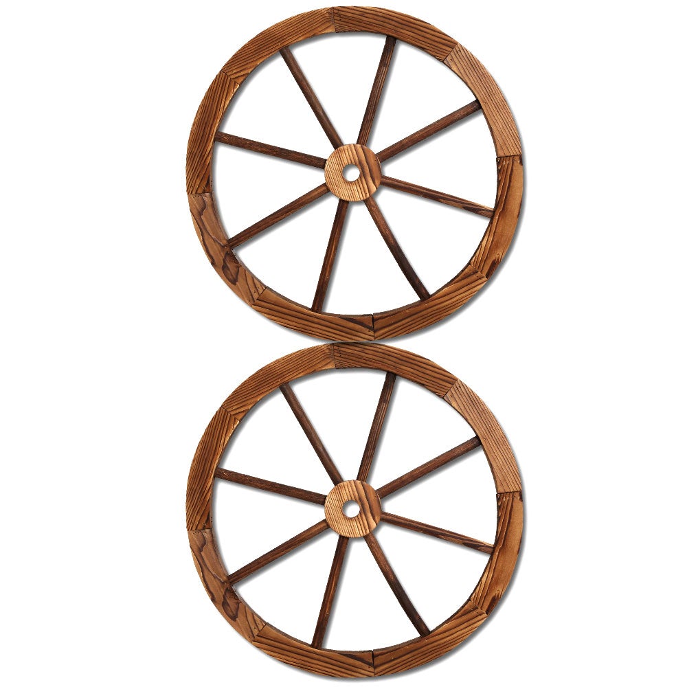 Two Gardeon Wooden Wagon Wheels made of fir wood with a rustic burnt finish, showcasing their vintage charm and sturdy construction.