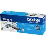 Genuine Brother TN-257 Cyan Toner Cartridge with vibrant cyan color, designed for high-quality printing.