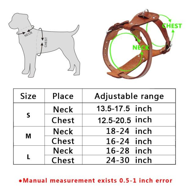 Genuine leather dog harness in brown, designed for medium to large dogs, featuring adjustable straps and padded comfort for walking and training.