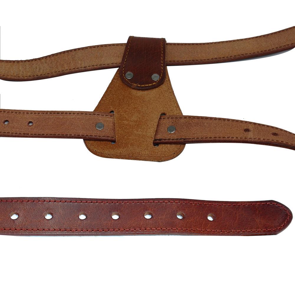 Genuine leather dog harness in brown, designed for medium to large dogs, featuring adjustable straps and padded comfort for walking and training.