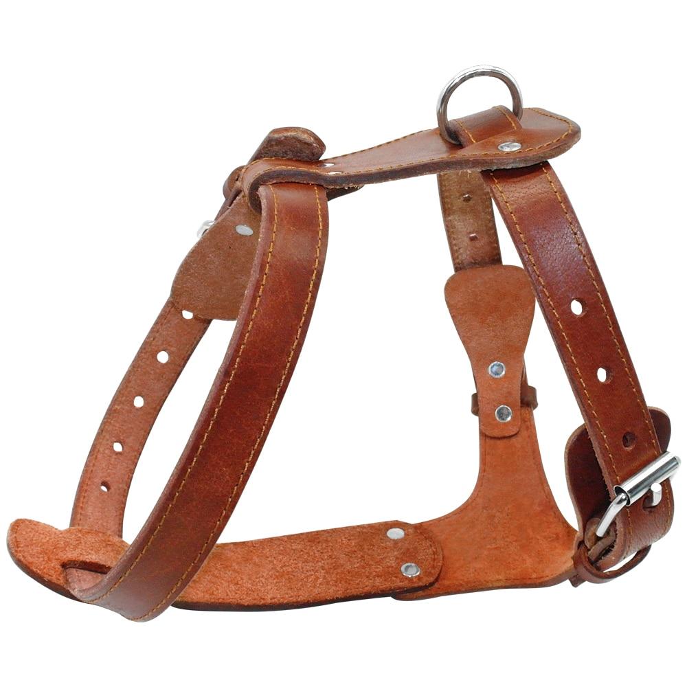 Genuine leather dog harness in brown, designed for medium to large dogs, featuring adjustable straps and padded comfort for walking and training.