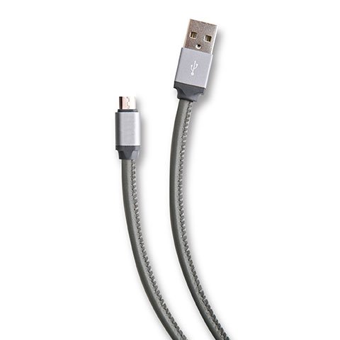 Genuine Leather Micro USB Cable in tan color with brushed aluminum tips, showcasing its stylish and durable design.