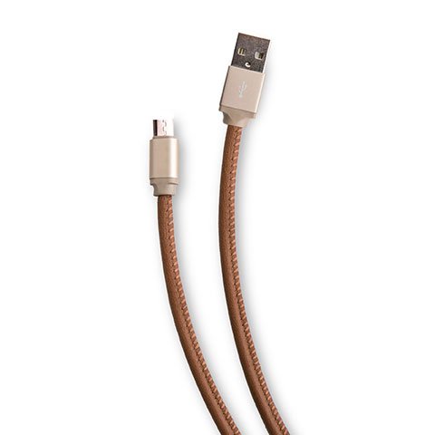 Genuine Leather Micro USB Cable in tan color with brushed aluminum tips, showcasing its stylish and durable design.