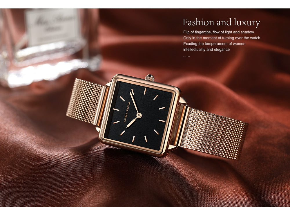 Genuine leather strap wristwatch for women with a square dial and Japan quartz movement, showcasing a simple and elegant design.