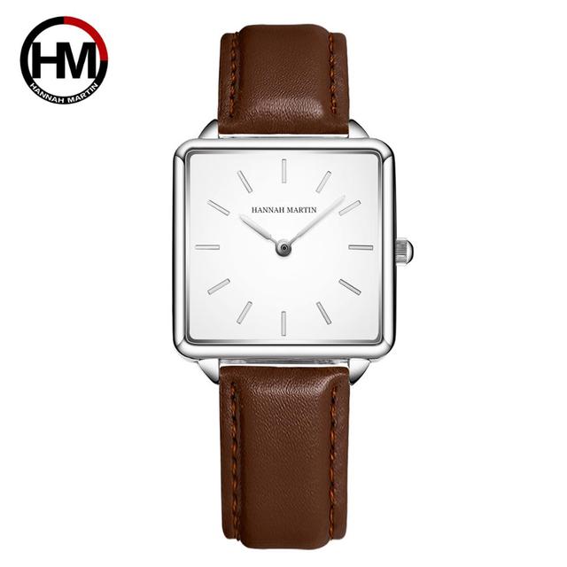 Genuine leather strap wristwatch for women with a square dial and Japan quartz movement, showcasing a simple and elegant design.