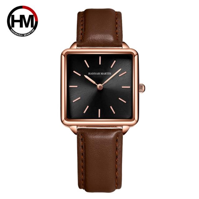 Genuine leather strap wristwatch for women with a square dial and Japan quartz movement, showcasing a simple and elegant design.