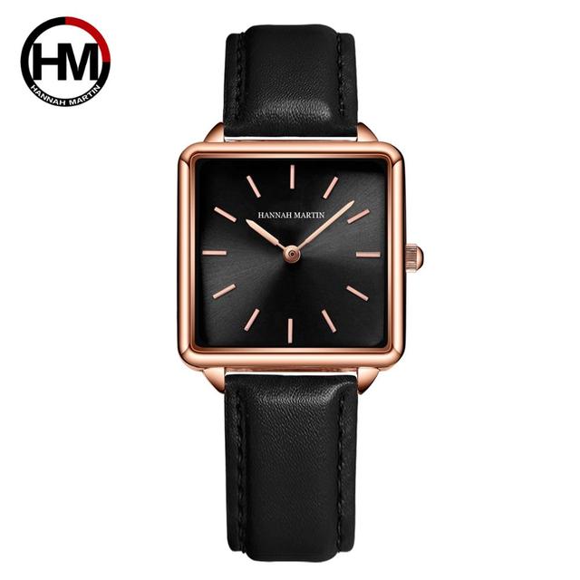 Genuine leather strap wristwatch for women with a square dial and Japan quartz movement, showcasing a simple and elegant design.