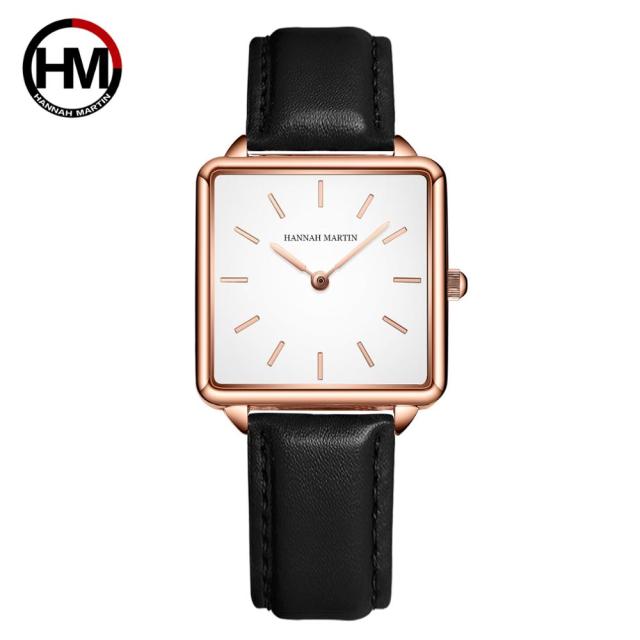 Genuine leather strap wristwatch for women with a square dial and Japan quartz movement, showcasing a simple and elegant design.