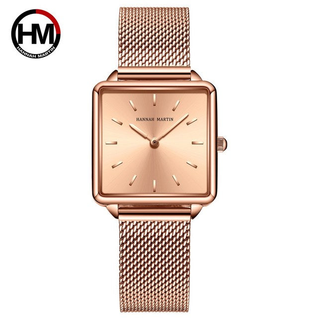 Genuine leather strap wristwatch for women with a square dial and Japan quartz movement, showcasing a simple and elegant design.