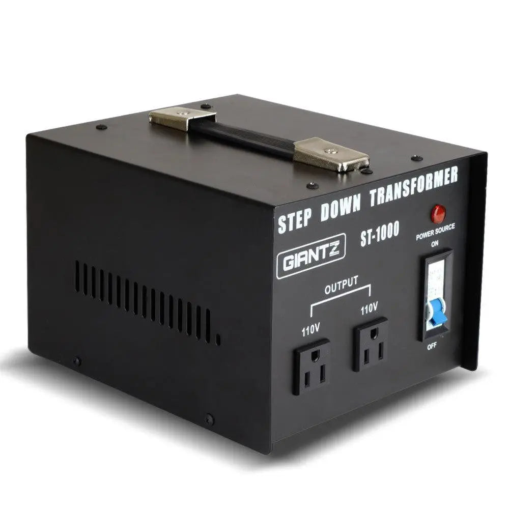 Giantz 1000 Watt Step Down Transformer in black, designed for converting AC240V to AC110V for USA appliances.