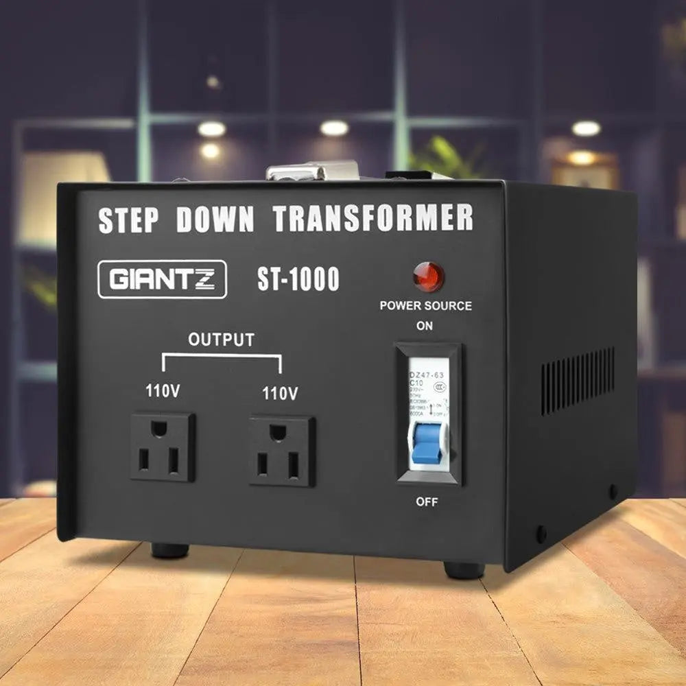 Giantz 1000 Watt Step Down Transformer in black, designed for converting AC240V to AC110V for USA appliances.