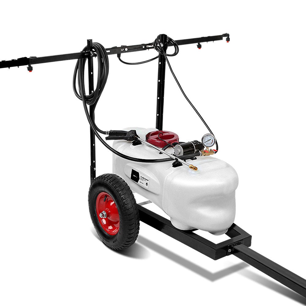 Giantz 100L ATV Weed Sprayer Spot Spray Tank with trailer and adjustable boom rack, showcasing its durable design and features.