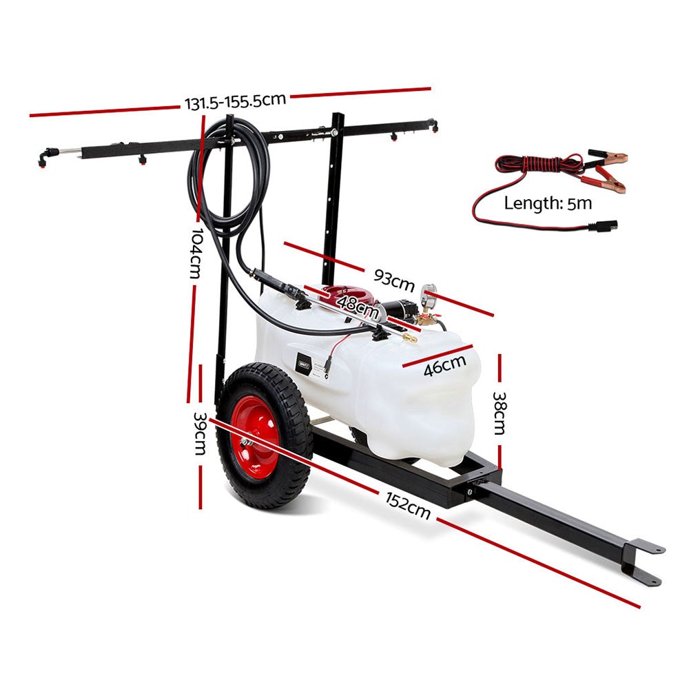 Giantz 100L ATV Weed Sprayer Spot Spray Tank with trailer and adjustable boom rack, showcasing its durable design and features.