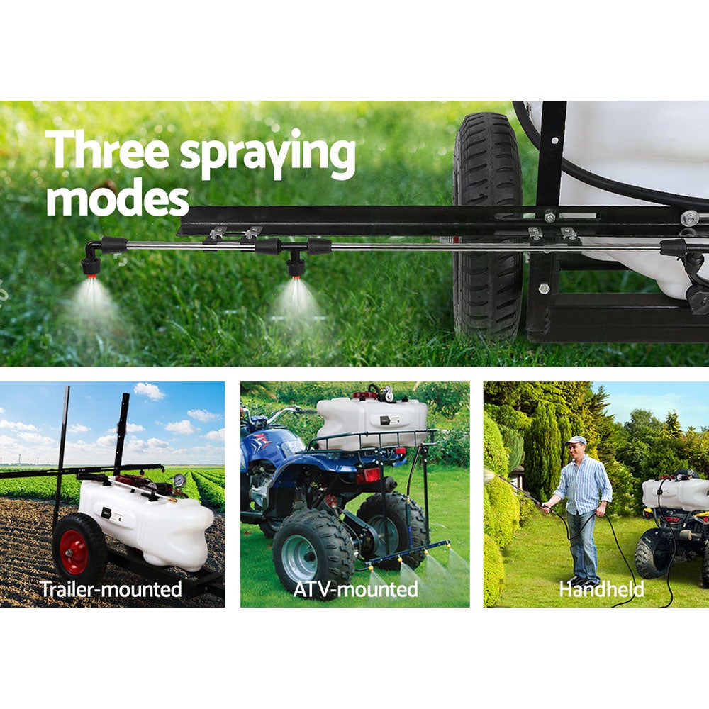 Giantz 100L ATV Weed Sprayer Spot Spray Tank with trailer and adjustable boom rack, showcasing its durable design and features.