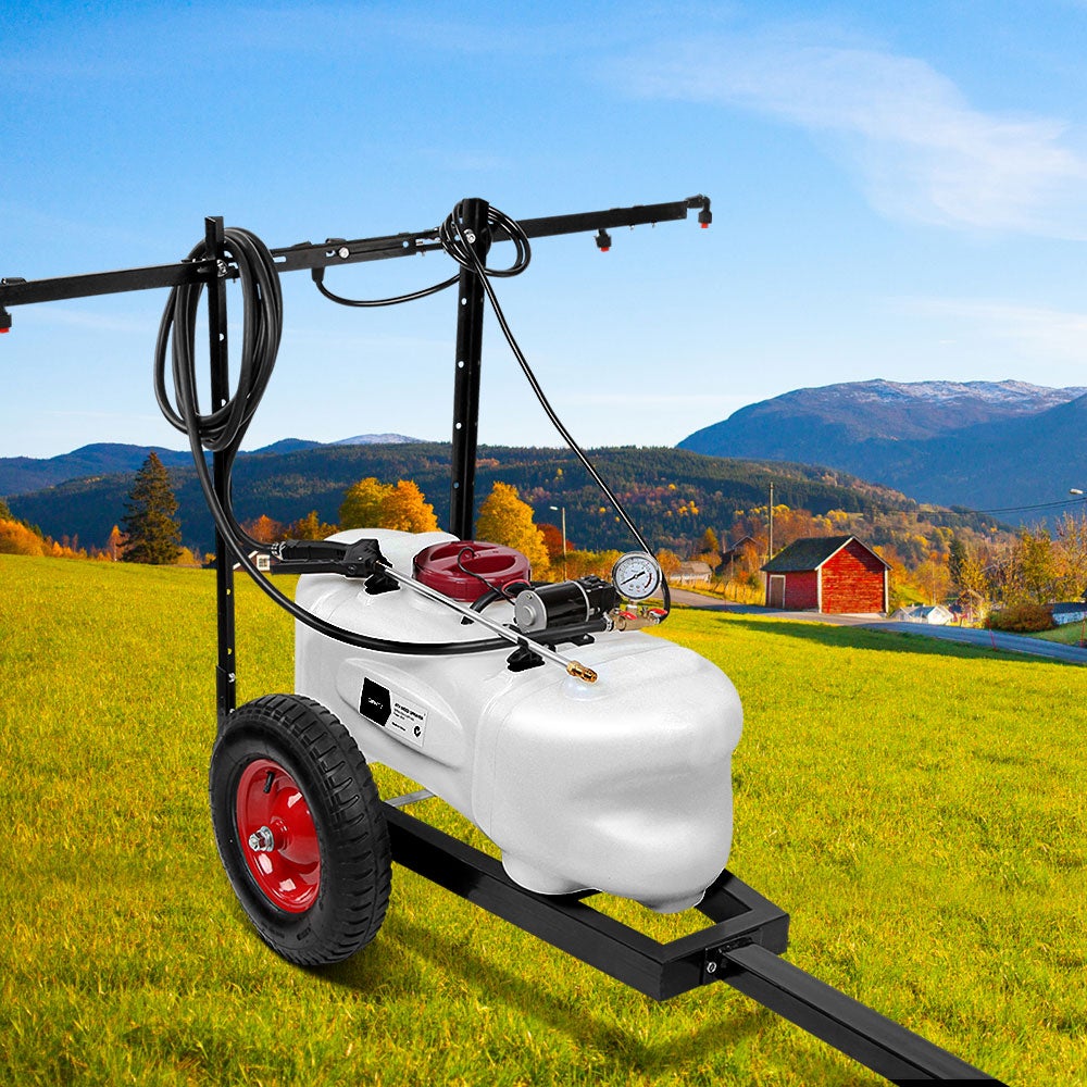 Giantz 100L ATV Weed Sprayer Spot Spray Tank with trailer and adjustable boom rack, showcasing its durable design and features.