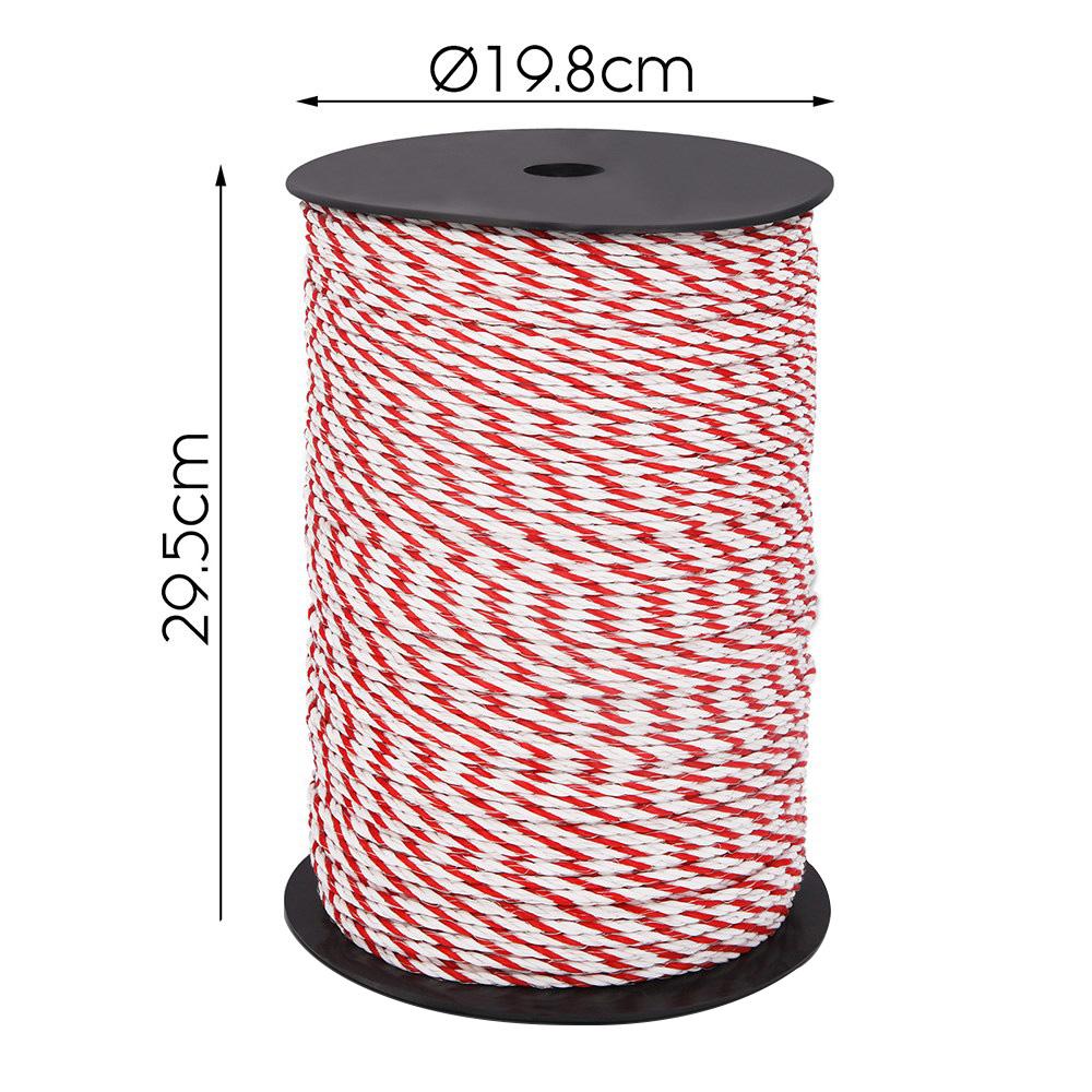 Giantz 1000M Electric Fence Wire Tape in red and white, showcasing its durable stainless steel strands and high visibility for livestock safety.