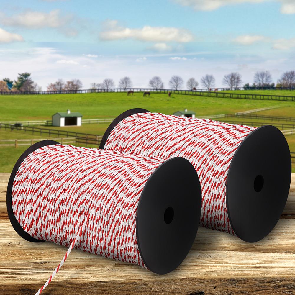 Giantz 1000M Electric Fence Wire Tape in red and white, showcasing its durable stainless steel strands and high visibility for livestock safety.