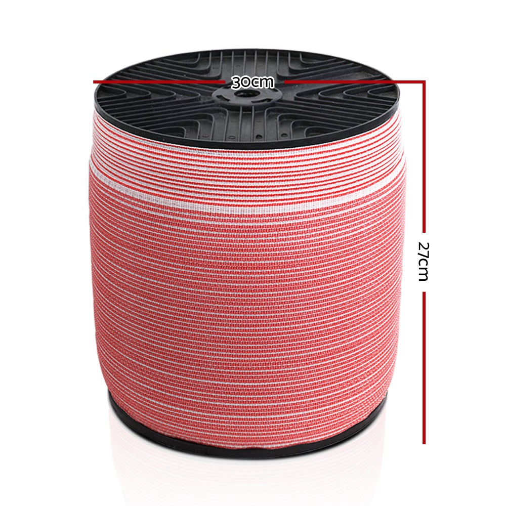 Giantz 1200M Electric Fence Wire Tape in red and white, showcasing its durable and highly visible design for livestock safety.