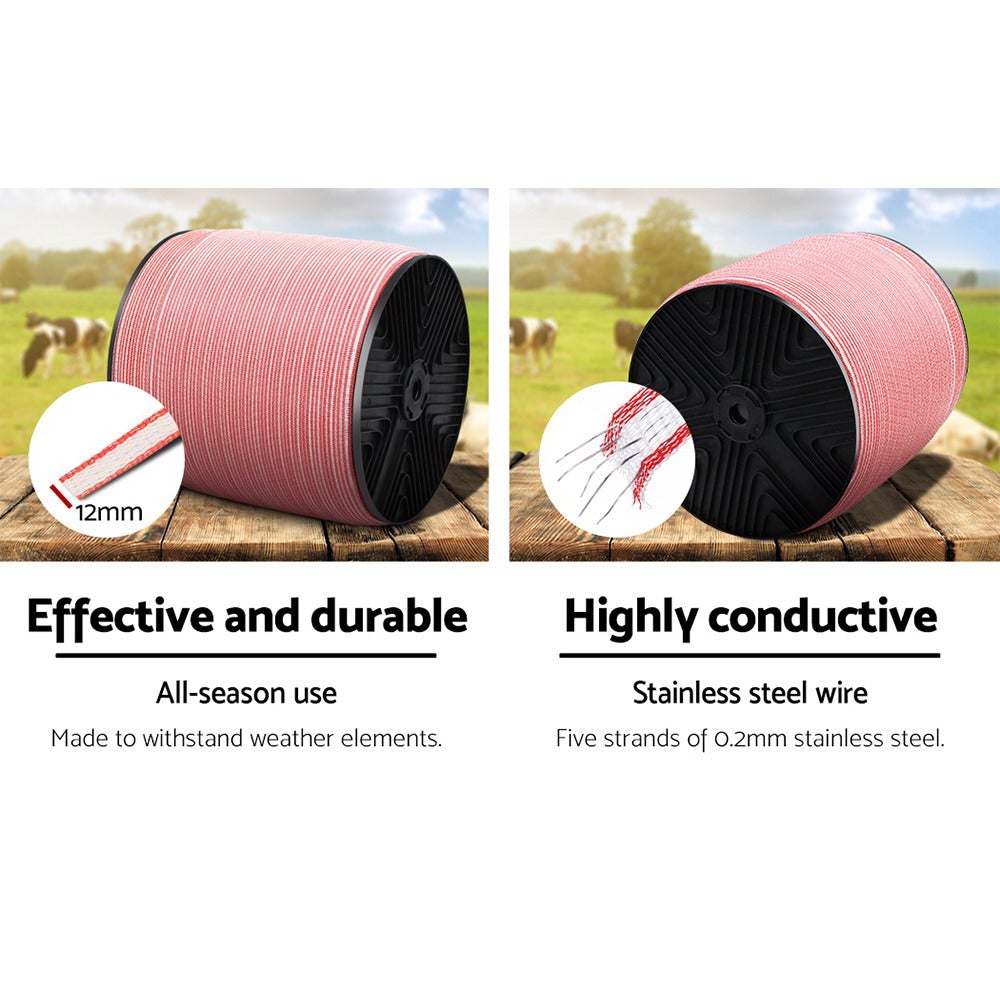 Giantz 1200M Electric Fence Wire Tape in red and white, showcasing its durable and highly visible design for livestock safety.