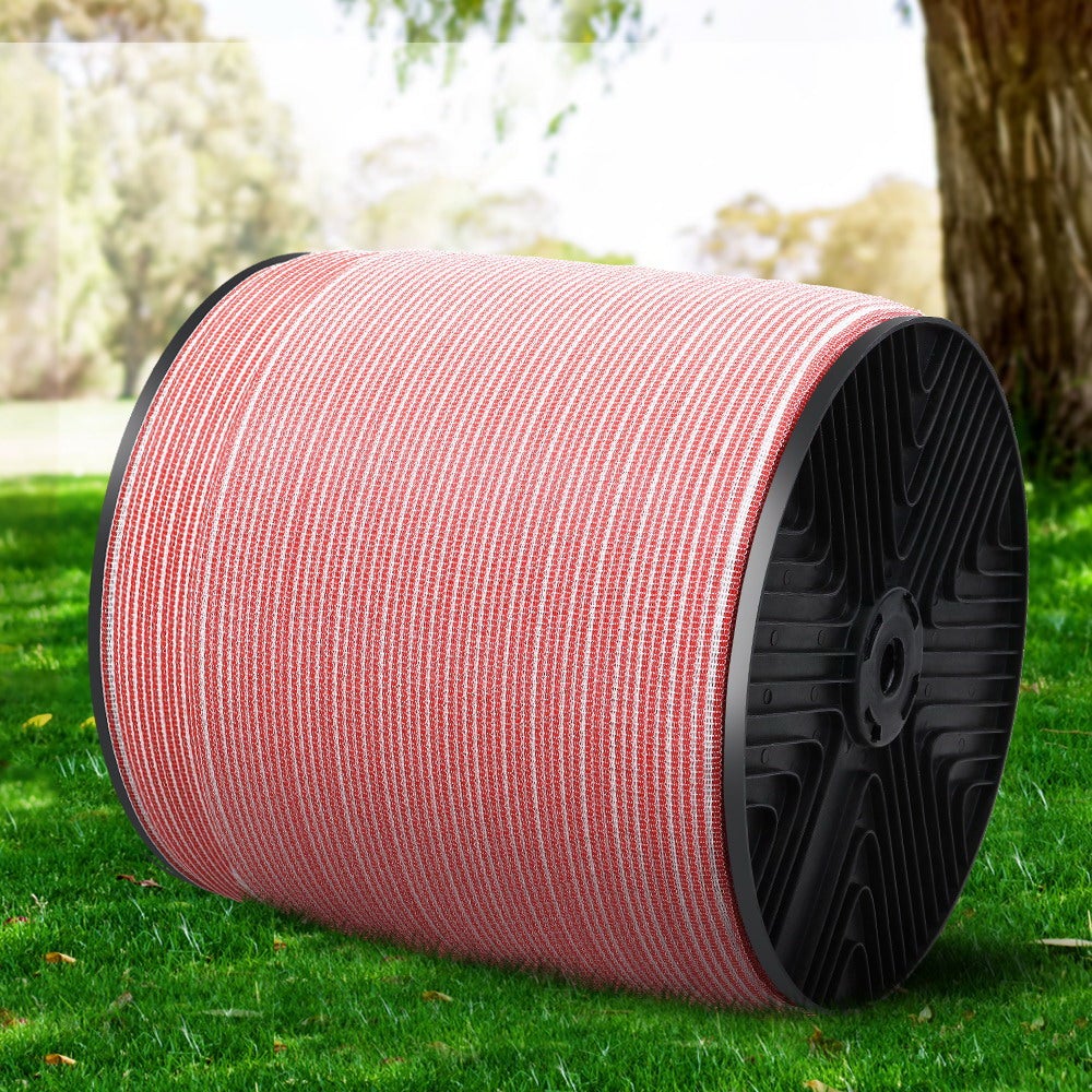 Giantz 1200M Electric Fence Wire Tape in red and white, showcasing its durable and highly visible design for livestock safety.