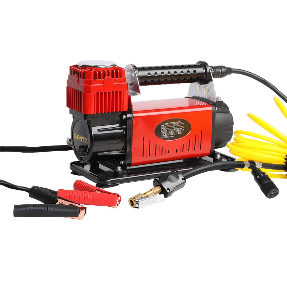 Giantz 12V Portable Air Compressor in red with hose and attachments, designed for quick tyre inflation.