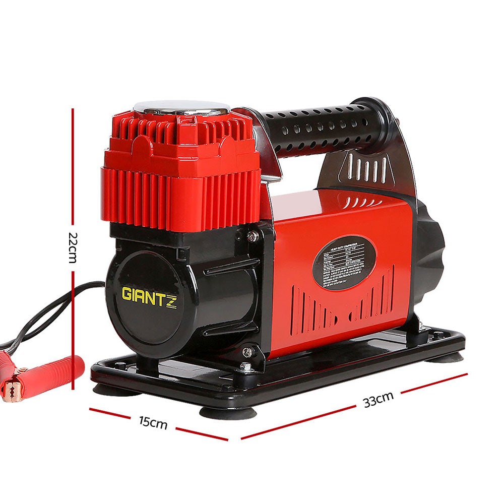 Giantz 12V Portable Air Compressor in red with hose and attachments, designed for quick tyre inflation.