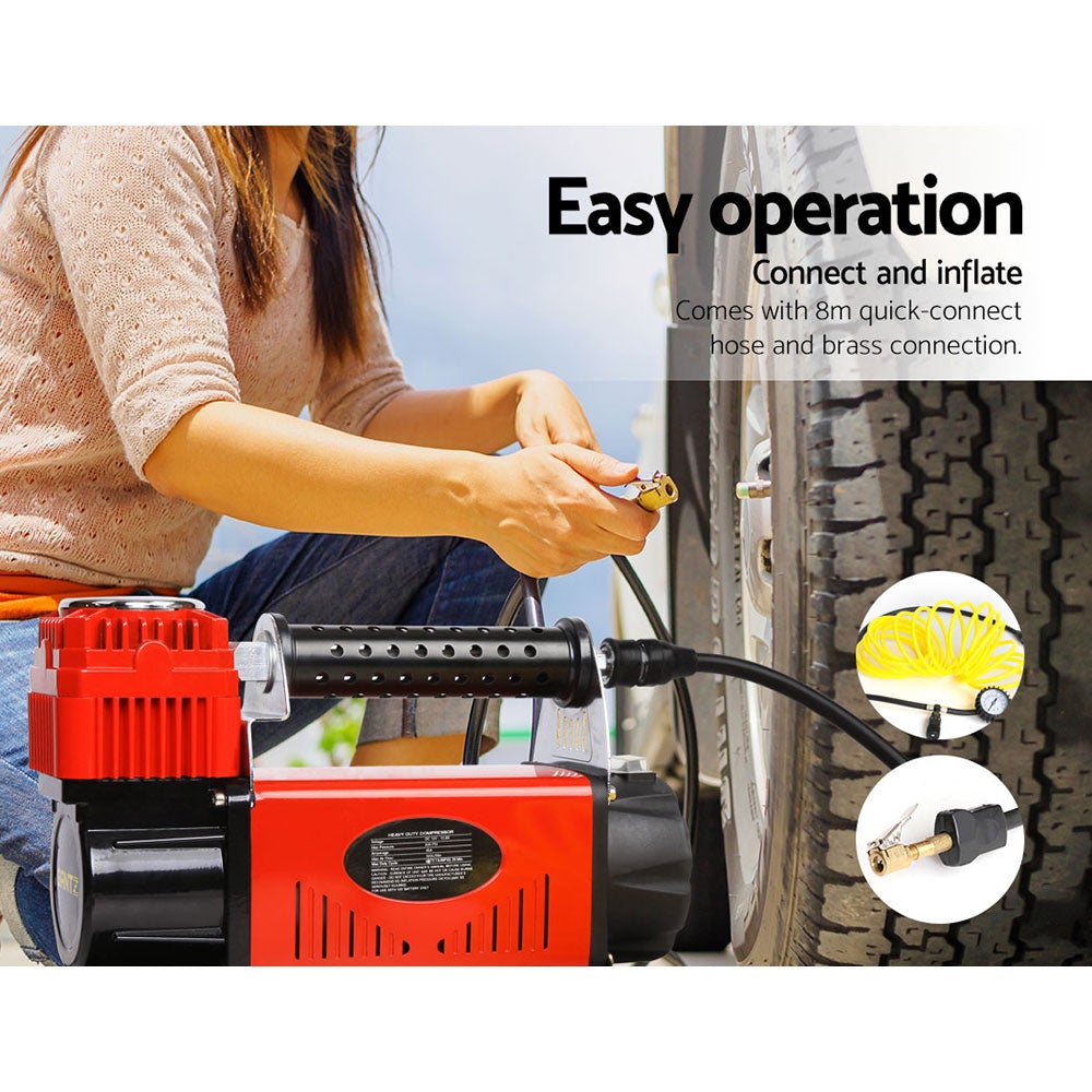 Giantz 12V Portable Air Compressor in red with hose and attachments, designed for quick tyre inflation.