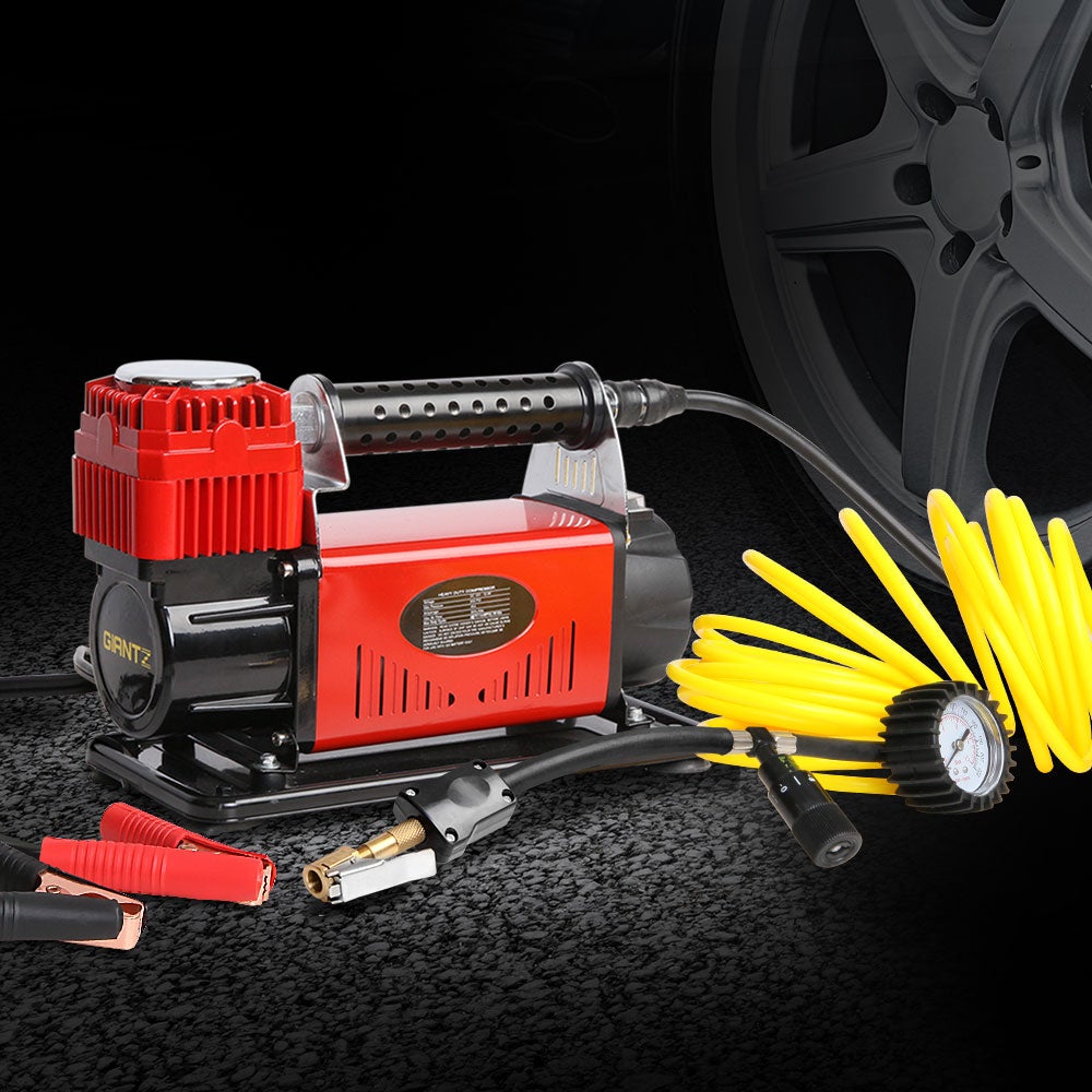 Giantz 12V Portable Air Compressor in red with hose and attachments, designed for quick tyre inflation.