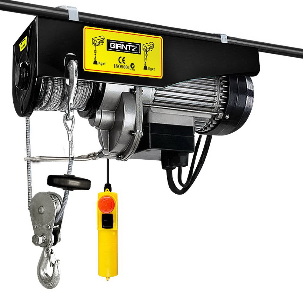 Giantz 1300W Electric Hoist Winch with high tensile cable and control switch, designed for lifting heavy loads safely.