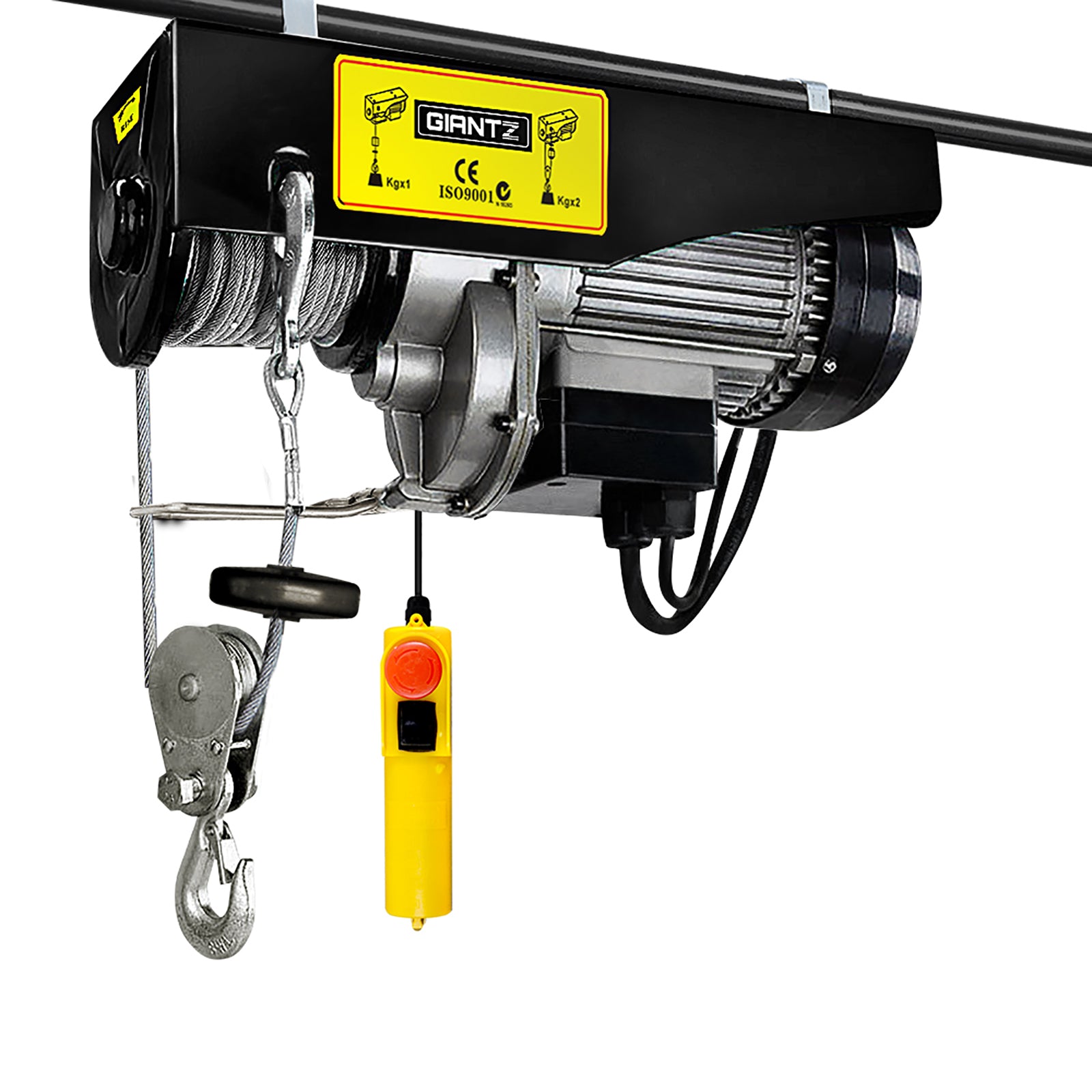 Giantz 1400w Electric Hoist winch with high tensile cable and emergency stop switch, designed for heavy lifting tasks.