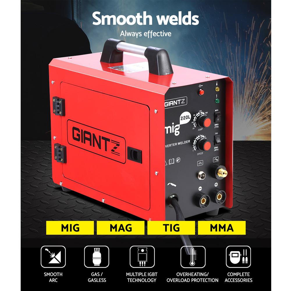 Giantz 220 Amp Inverter Welder showcasing its compact design and user-friendly controls, ideal for MIG, MAG, TIG, and MMA welding.