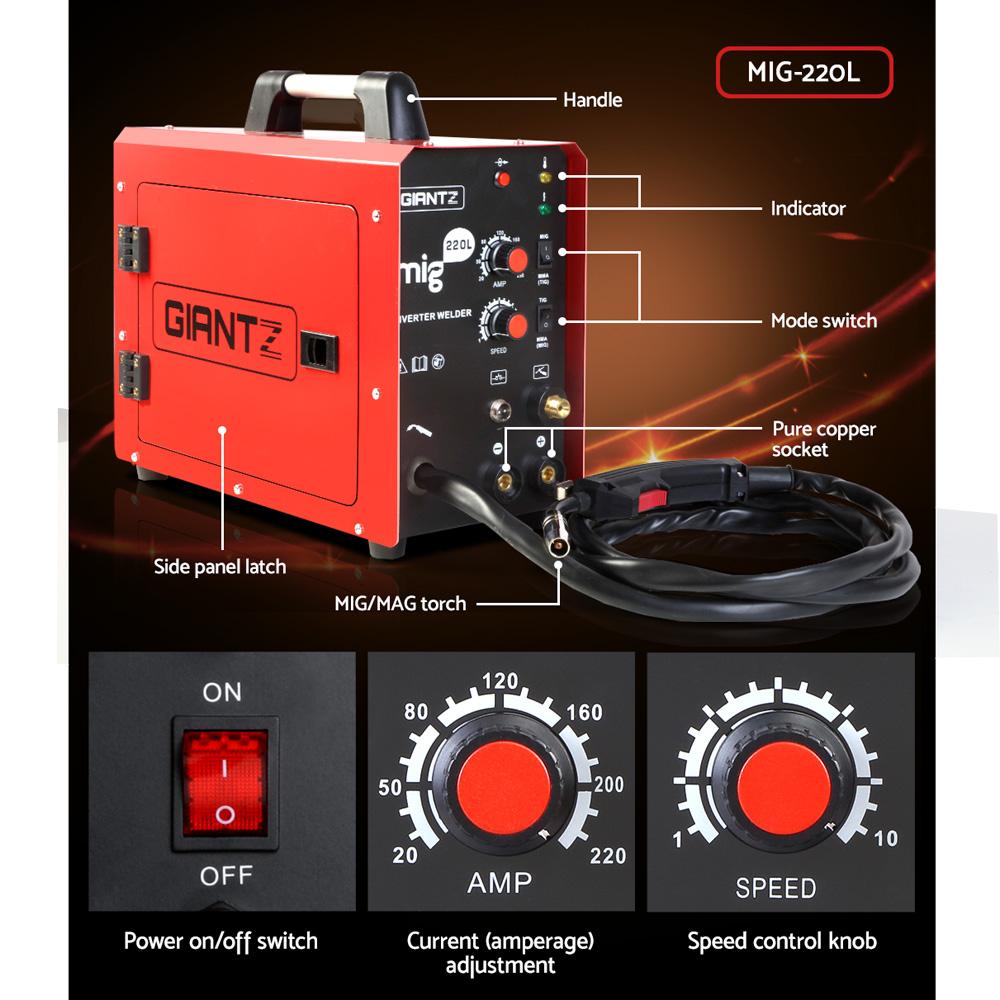 Giantz 220 Amp Inverter Welder showcasing its compact design and user-friendly controls, ideal for MIG, MAG, TIG, and MMA welding.