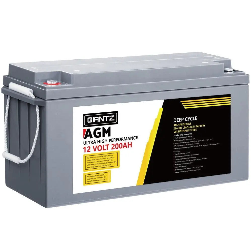 Giantz 200Ah Deep Cycle Battery 12V AGM, portable and sealed design for marine and off-grid use, featuring bolt-down terminals and a carry handle.