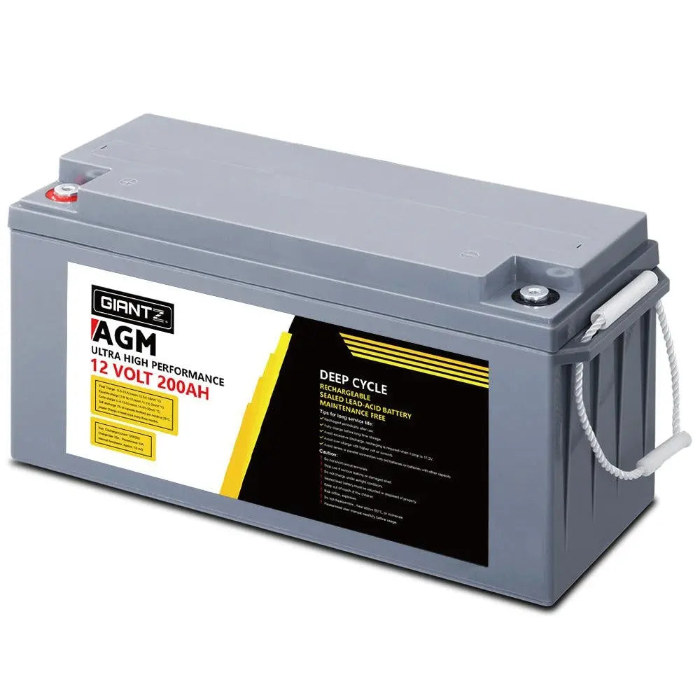 Giantz 200Ah Deep Cycle Battery 12V AGM, portable and sealed design for marine and off-grid use, featuring bolt-down terminals and a carry handle.