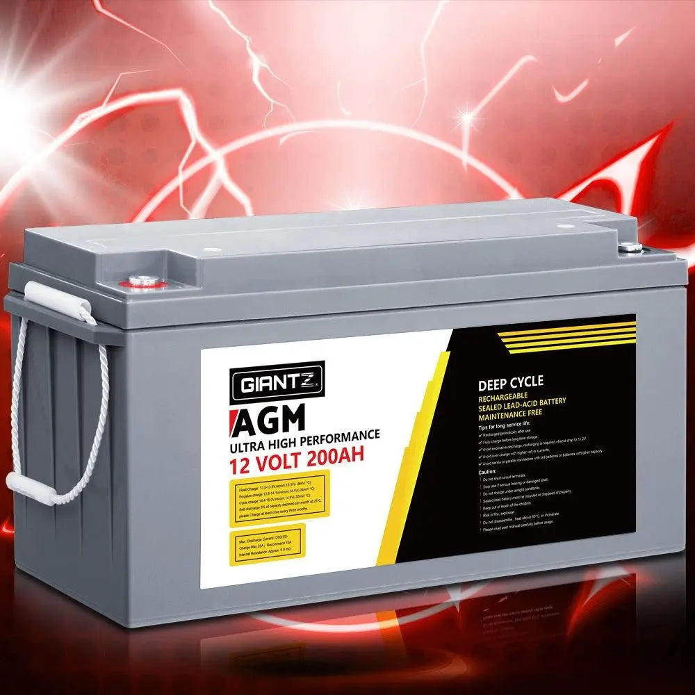 Giantz 200Ah Deep Cycle Battery 12V AGM, portable and sealed design for marine and off-grid use, featuring bolt-down terminals and a carry handle.