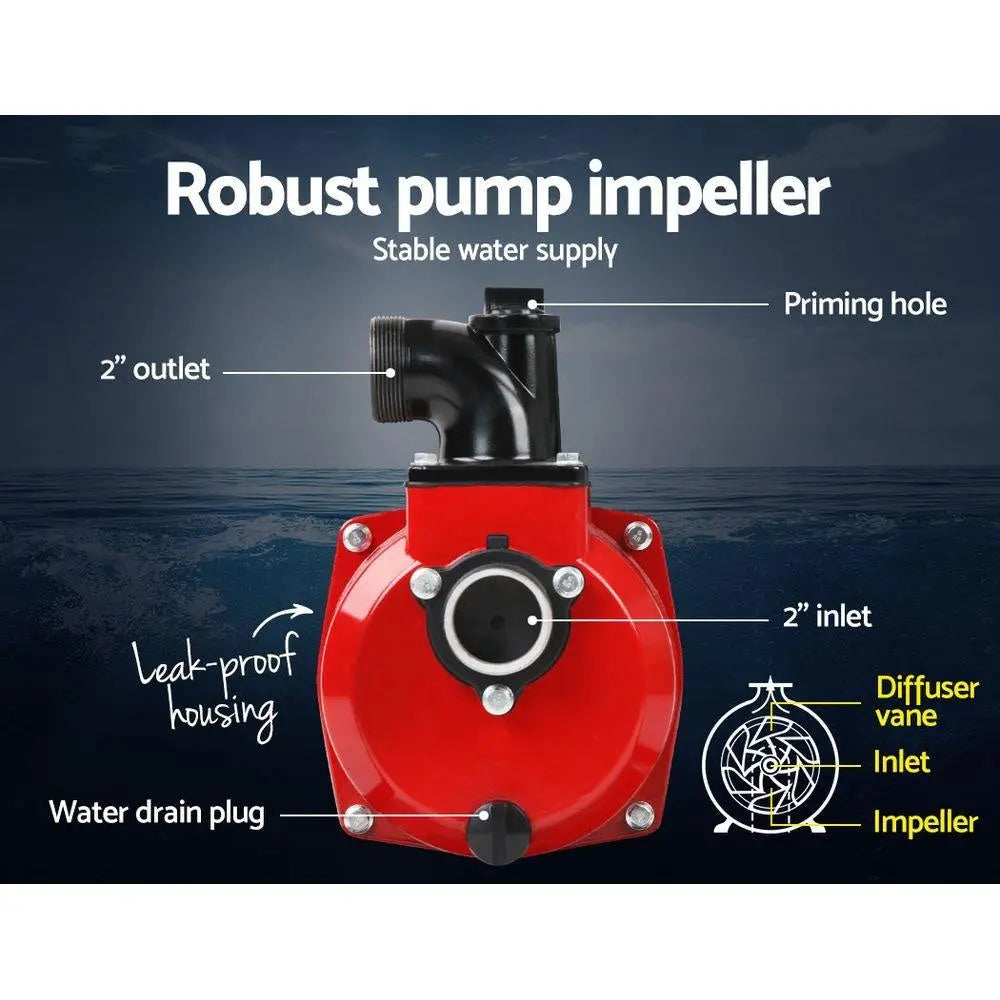 Giantz 2-inch High Flow Water Pump in black and red, showcasing its robust design and features.