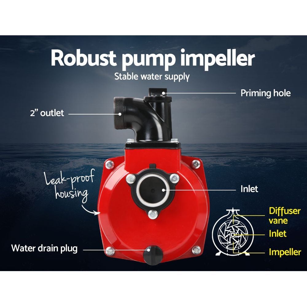 Giantz 2-inch High Flow Water Pump in black and red, showcasing its robust design and features.