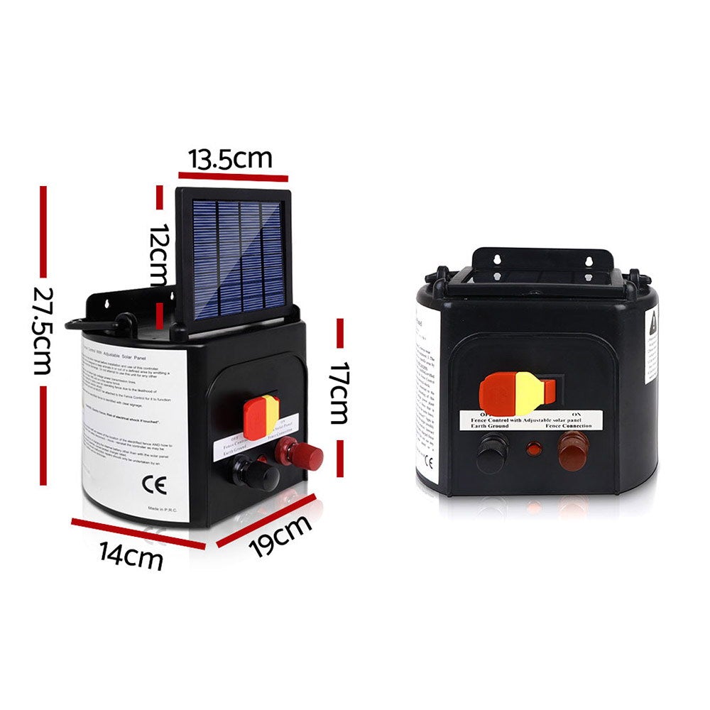 Giantz 3km Solar Electric Fence Charger Energiser with solar panel and warning signs, designed for livestock safety.