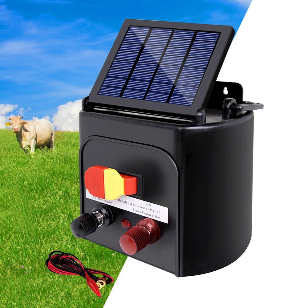 Giantz 3km Solar Electric Fence Charger Energiser with solar panel and warning signs, designed for livestock safety.