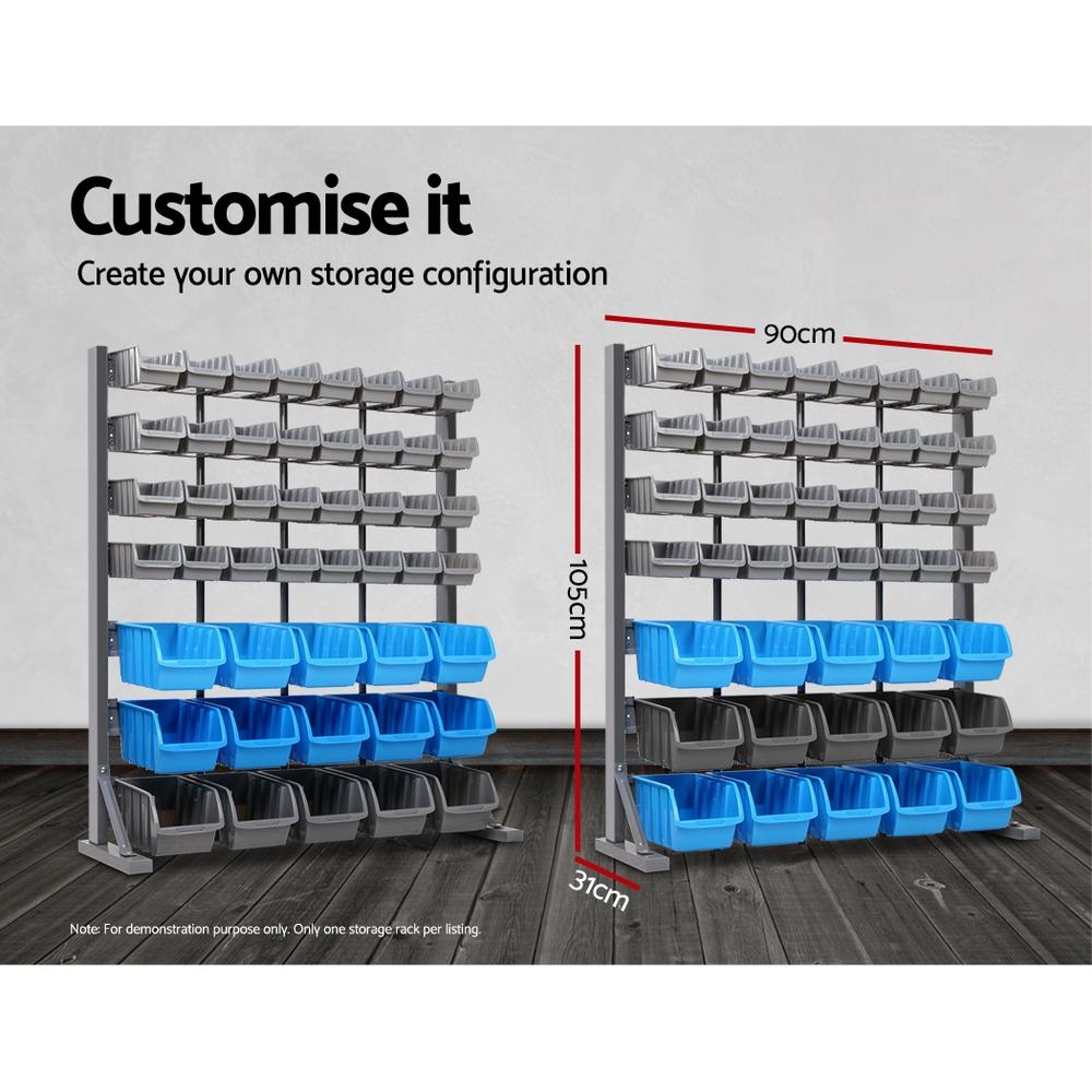 Giantz 47 Bin Storage Shelving Rack with 47 moulded bins in grey and blue, showcasing its heavy-duty design and customizable features.