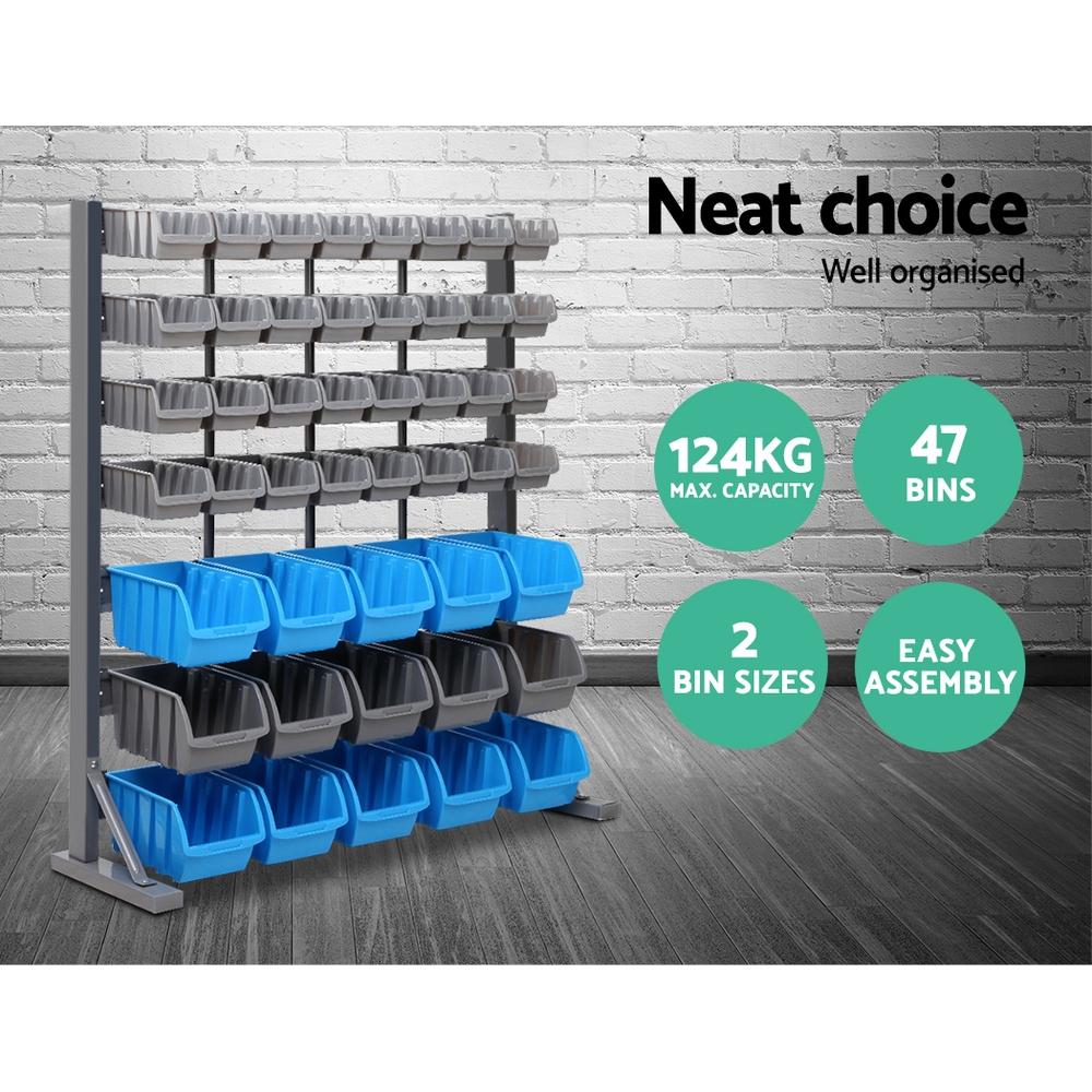 Giantz 47 Bin Storage Shelving Rack with 47 moulded bins in grey and blue, showcasing its heavy-duty design and customizable features.