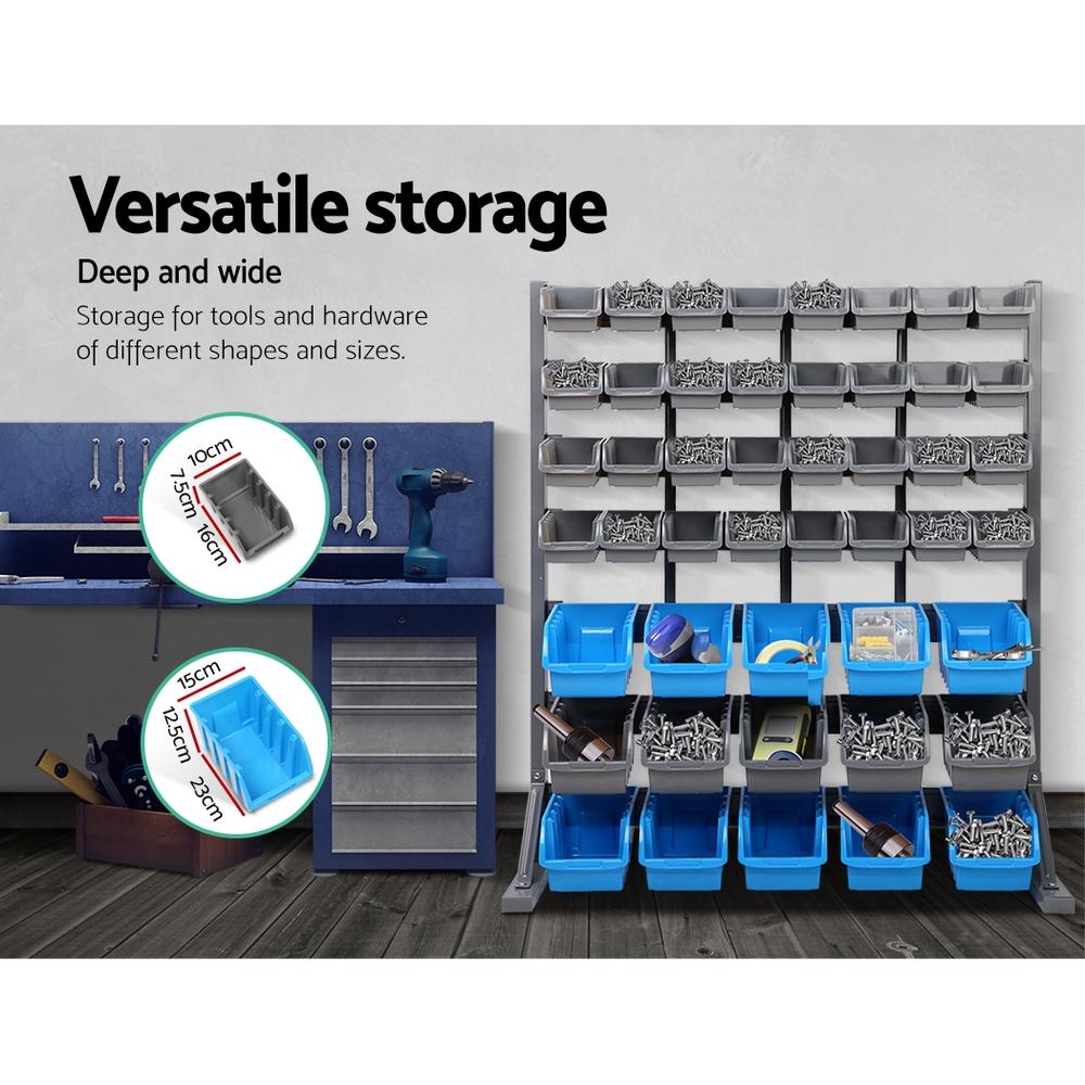 Giantz 47 Bin Storage Shelving Rack with 47 moulded bins in grey and blue, showcasing its heavy-duty design and customizable features.