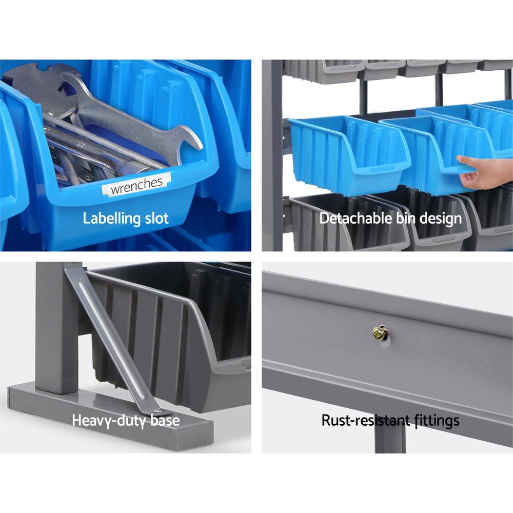 Giantz 47 Bin Storage Shelving Rack with 47 moulded bins in grey and blue, showcasing its heavy-duty design and customizable features.