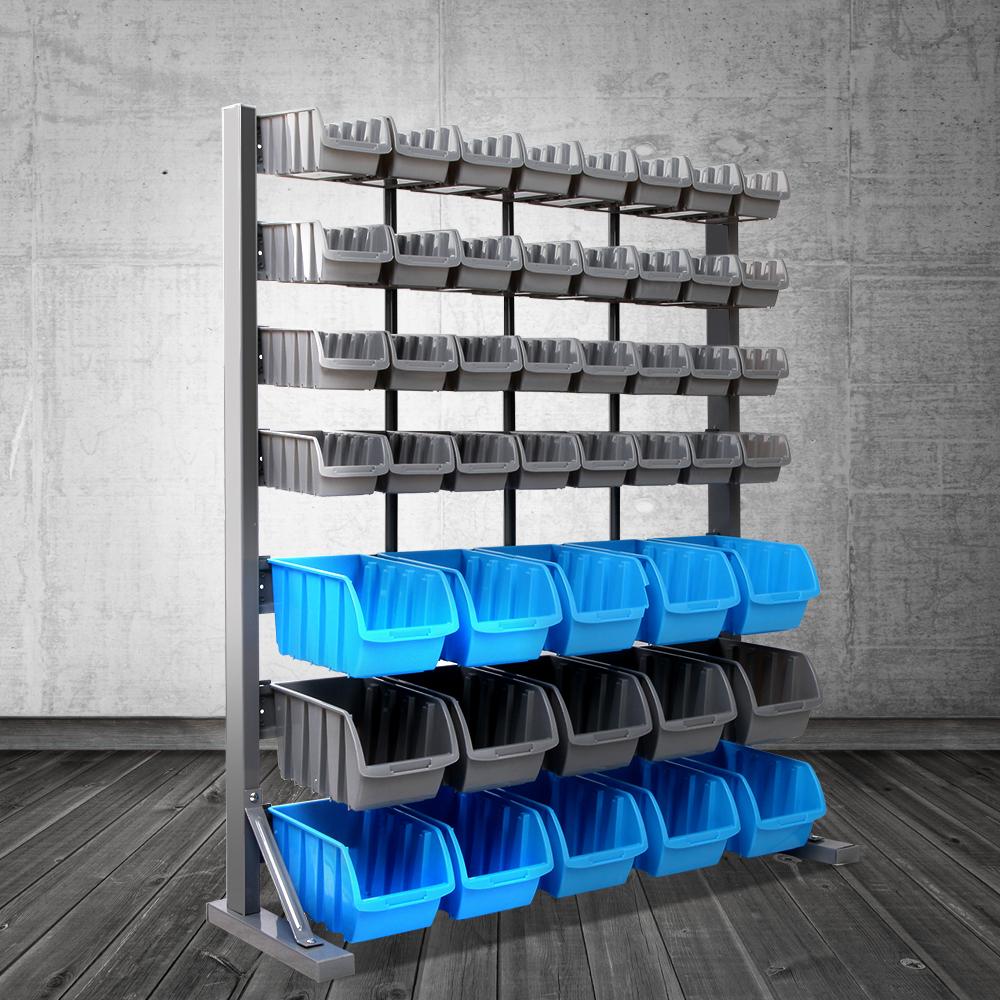 Giantz 47 Bin Storage Shelving Rack with 47 moulded bins in grey and blue, showcasing its heavy-duty design and customizable features.