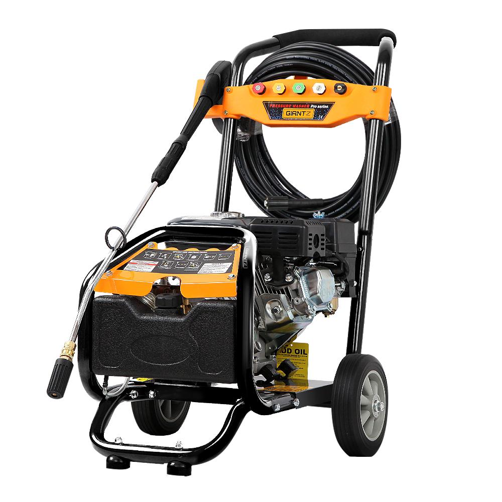 Giantz 4800PSI 8HP petrol high pressure washer with 15m hose and various nozzles, designed for powerful cleaning.